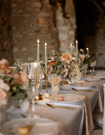 Festlich gedeckte Hochzeitstafel mit Kerzen für Hochzeit in Wiesbaden