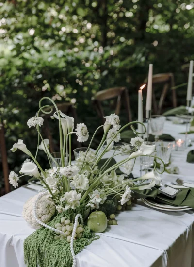 Romantische Hochzeitstischdekoration im Freien im Rheingau mit Kerzen, Blumen und Naturmaterialien